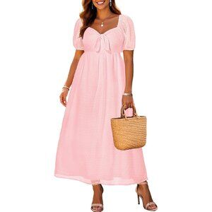 Plus Size Summer Dress Light Pink V-Neck Tie Front Maxi Swiss Dot